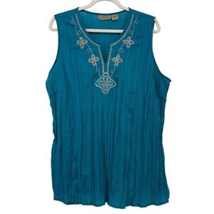 Art and Soul Size XL Tunic Top Teal Blue Crinkle Beaded Embroidered Sleeveless